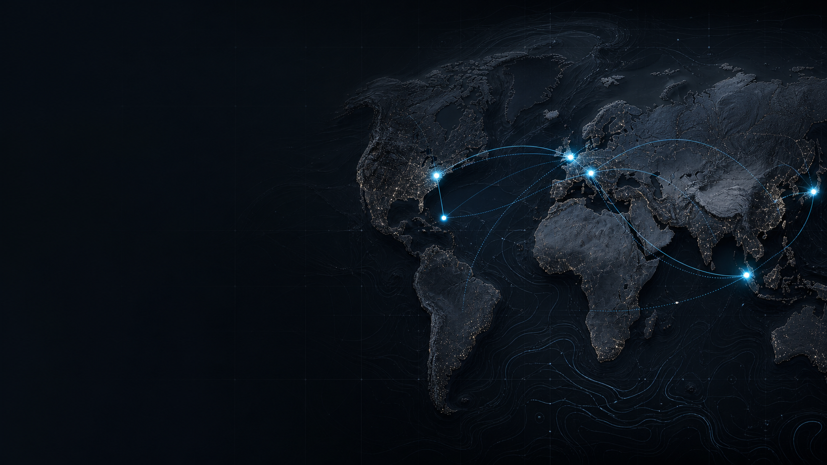Abstract global reinsurance market atlas with cyan route arcs.
